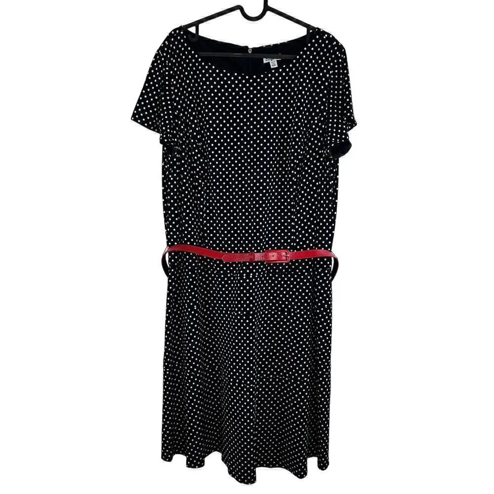 Eliza J Black and White Polka Dot Red Belted Dress Size 16W Corpcore Retro